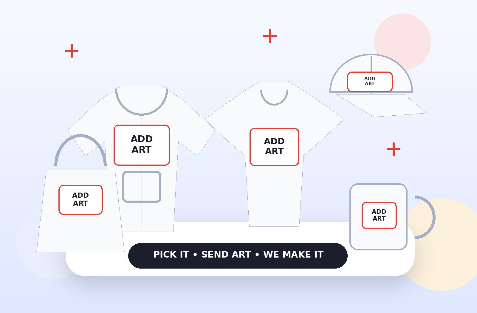 Blank shirts, a hoodie, hat, tote bag, and mug ready for custom artwork